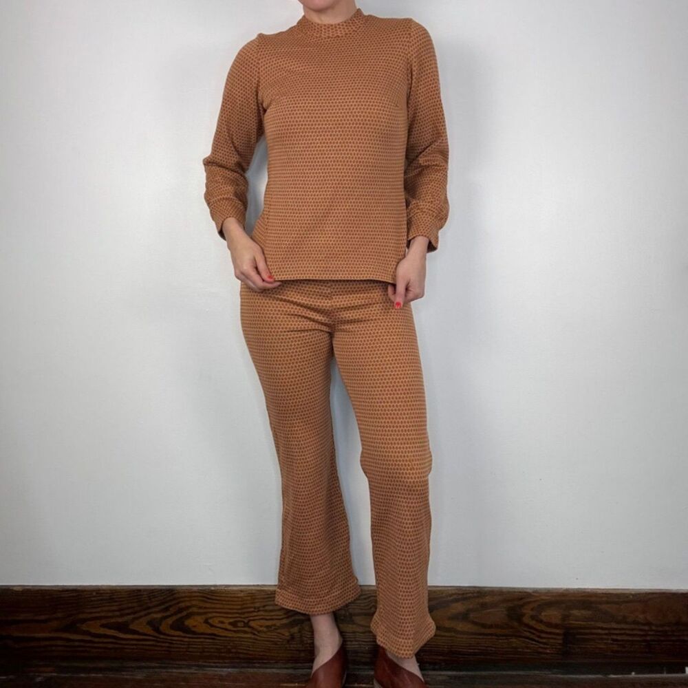 Vintage 70s Mod Knit Pant Set | Geometric vint Long Sleeve 2-Piece